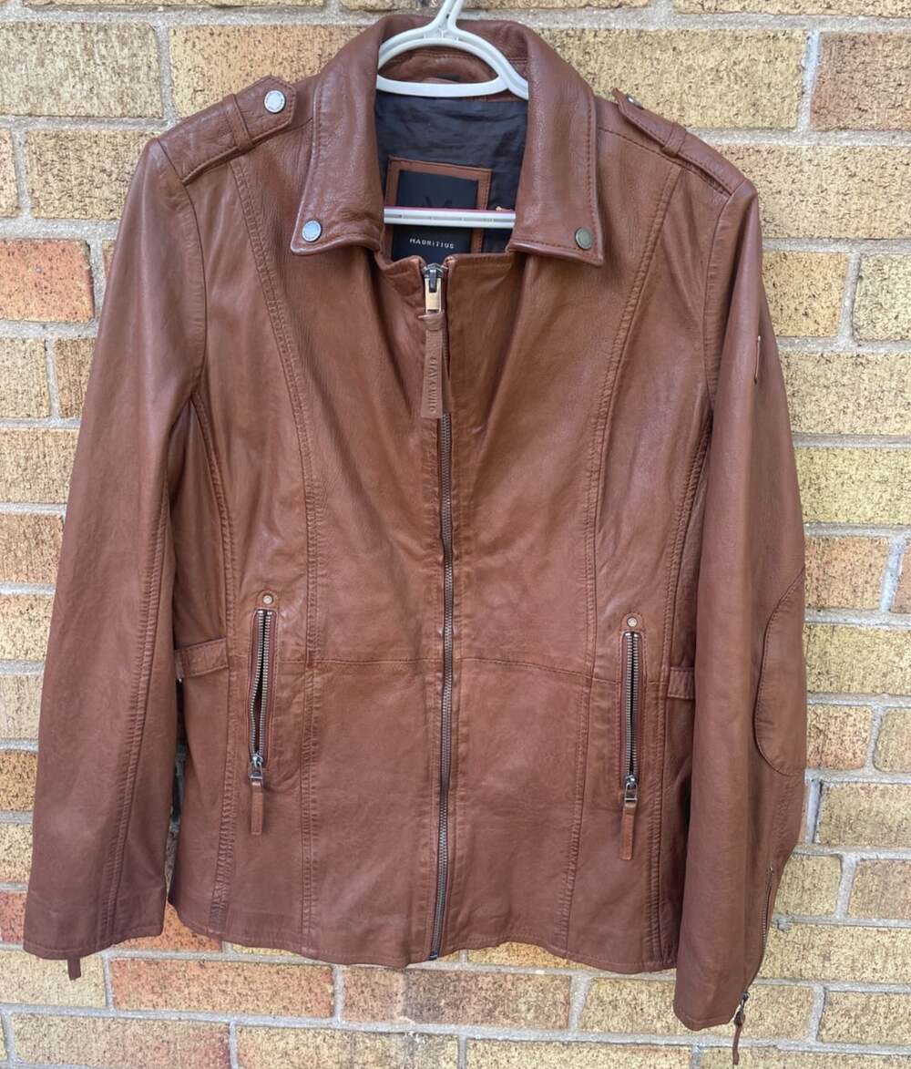 MAURITIUS GIPSY Leather Jacket Women Large Brown Biker Military Full Zip Pockets